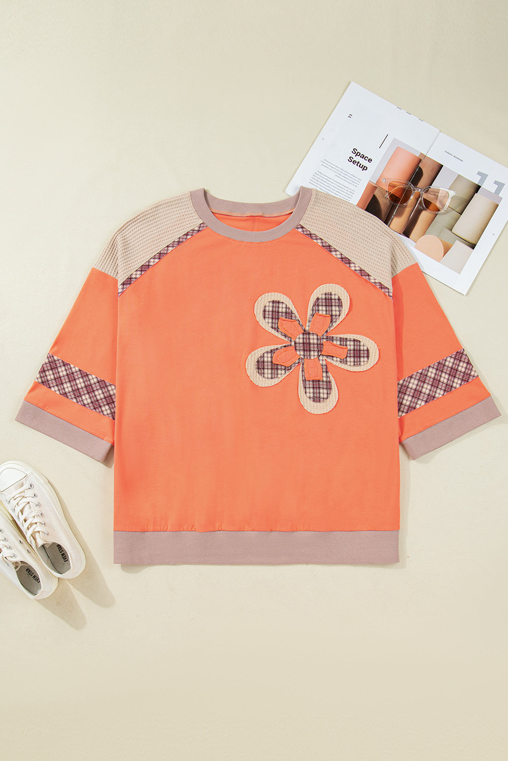 Plus Size Plaid Flower Patchwork 3/4 Sleeve Top