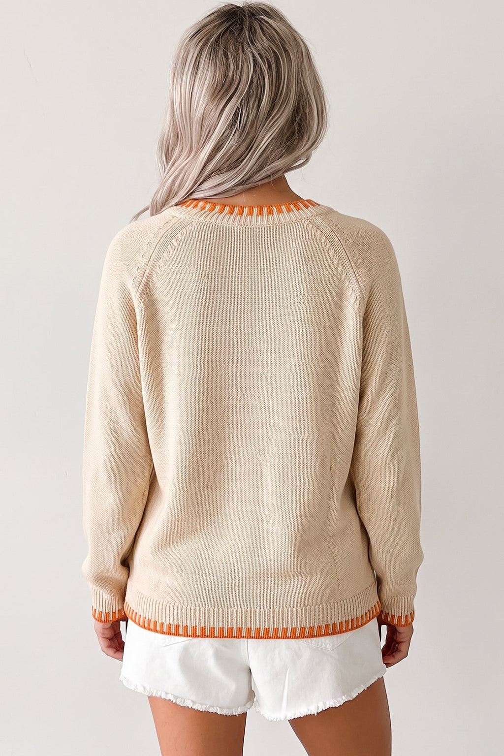 Pumpkin Floral Embroidered Round Neck Sweater