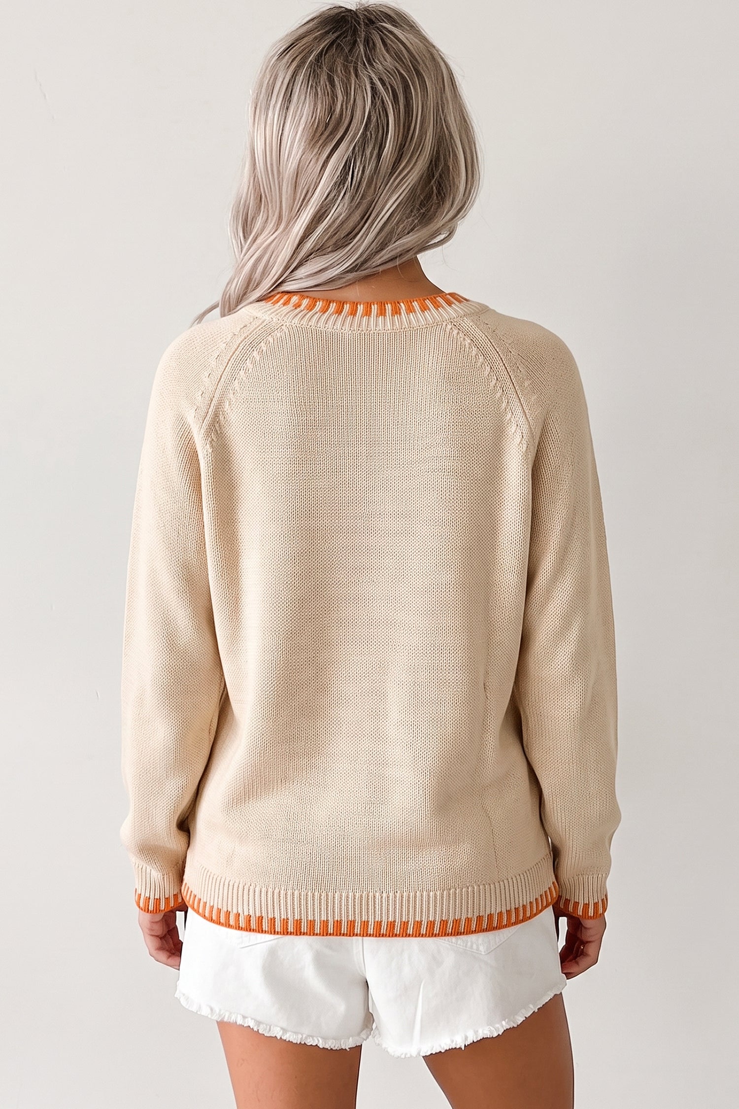 Pumpkin Floral Embroidered Round Neck Sweater