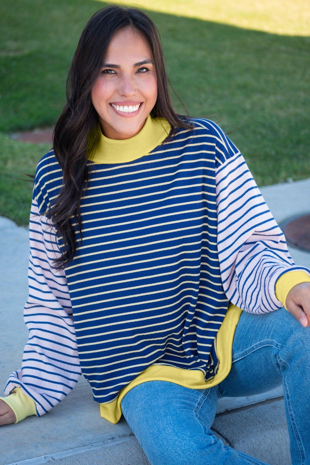Stripe Colorblock Long Sleeve Crewneck Pullover Top
