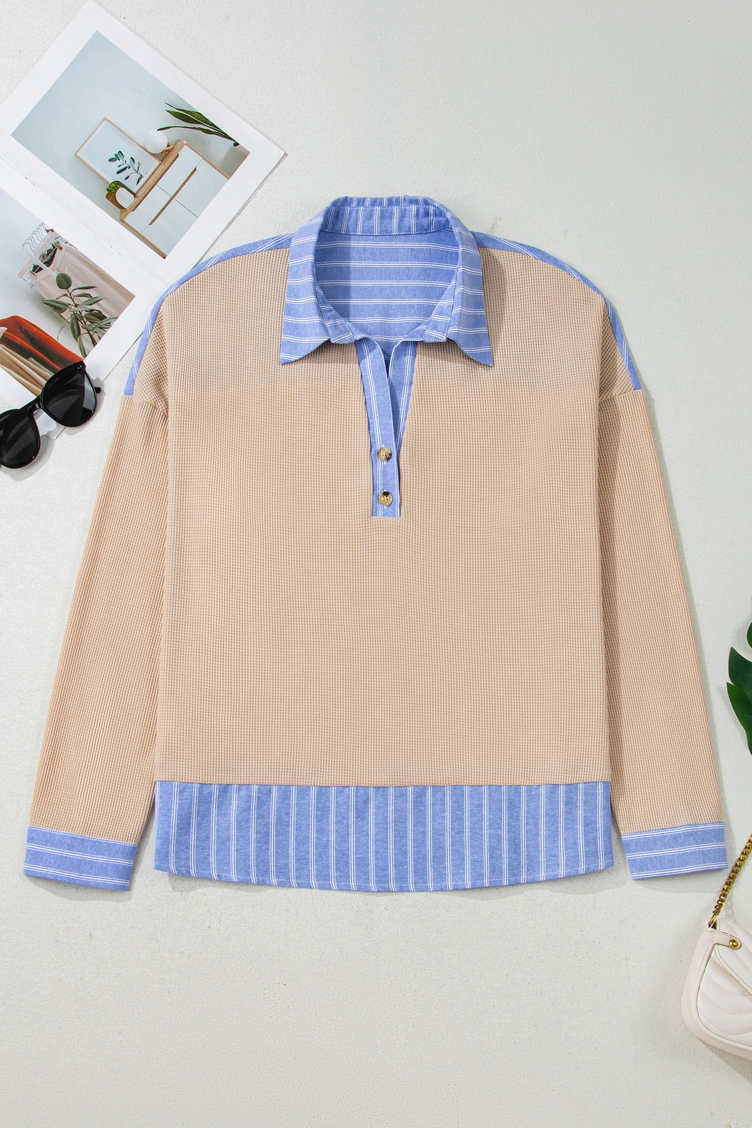 Plus Size Stripe Contrast Trim Waffle Knit Collared Top