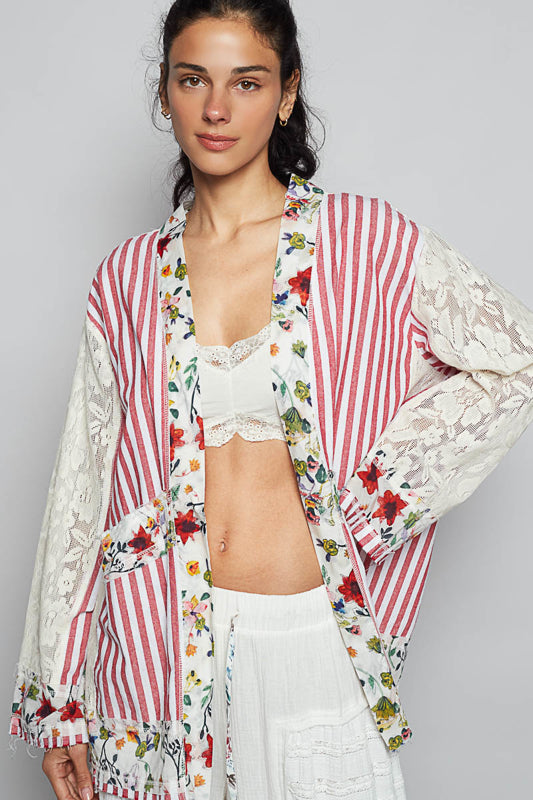 POL Cardigan in striped woven with contrast patchwork