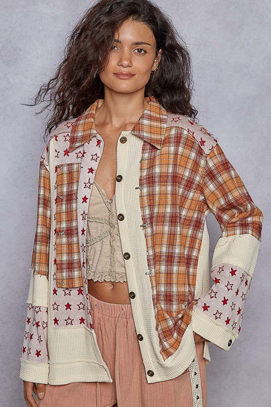 POL Long sleeve roomy fit jacket in french terry with plaid contrast.