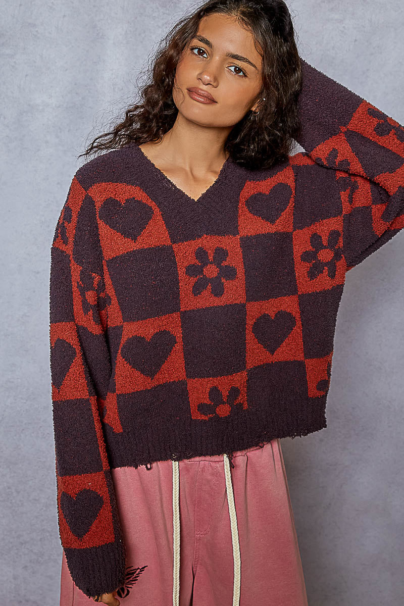 POL V-neck long sleeve regular fit sweater top in Berber with heart and flower print Charcoal Burgundy