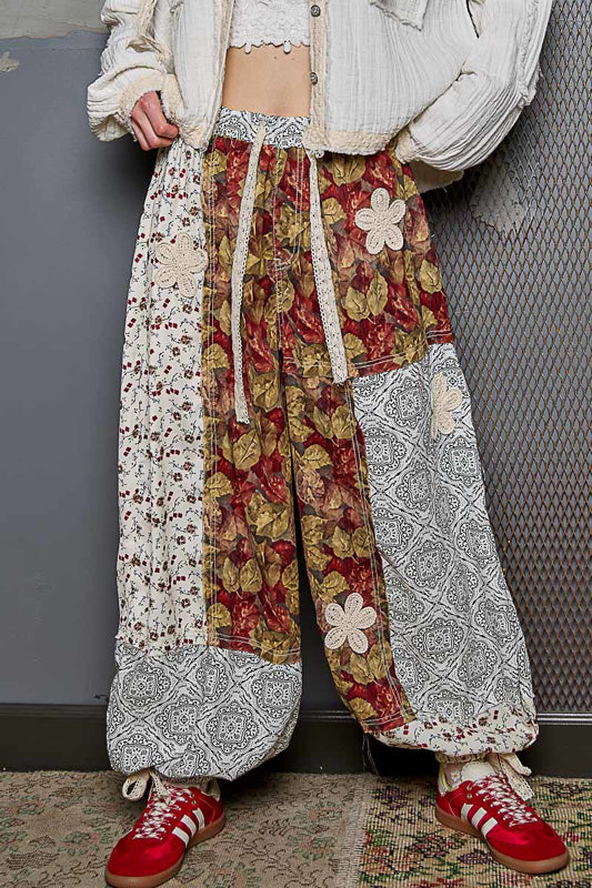 POL Printed woven with contrast patchwork and crochet patch Red Mullti