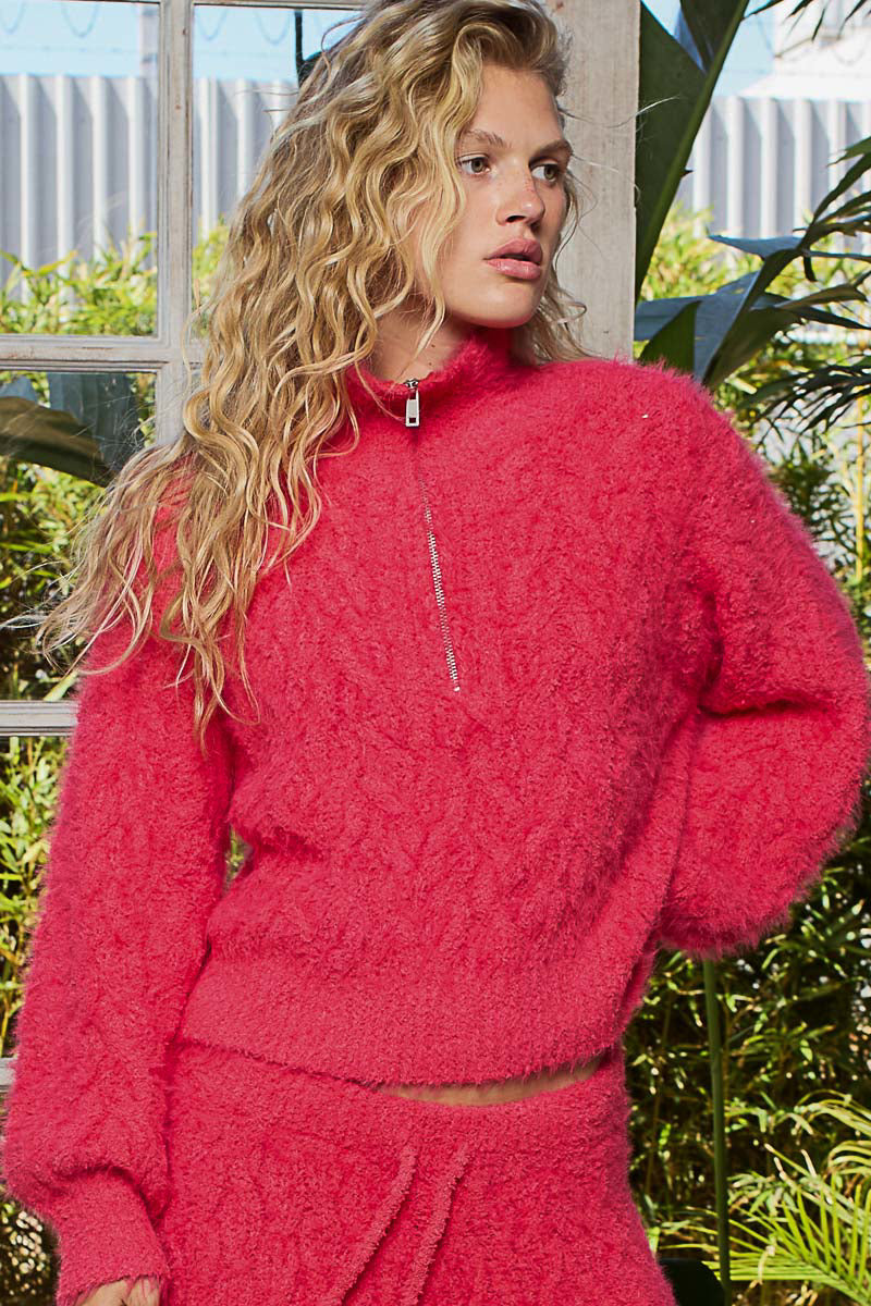 POL half zip balloon sleeve Berber Sweater Coral Red