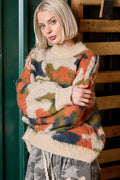 POL Mohair color block long sleeve sweater Almond Multi/ Black Multi
