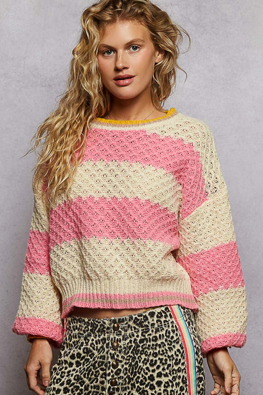 POL Drop shoulder pink striped sweater
