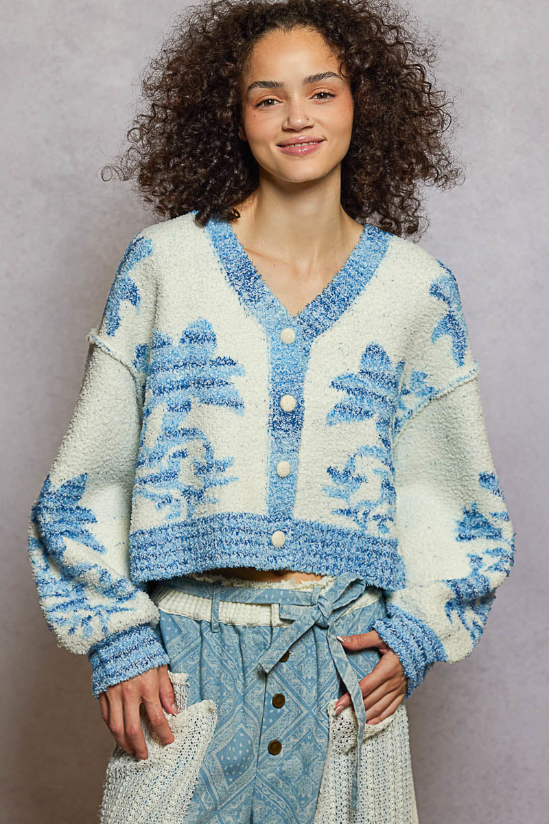 POL V-neck cardigan, balloon sleeve, cropped fit top in Berber sweater