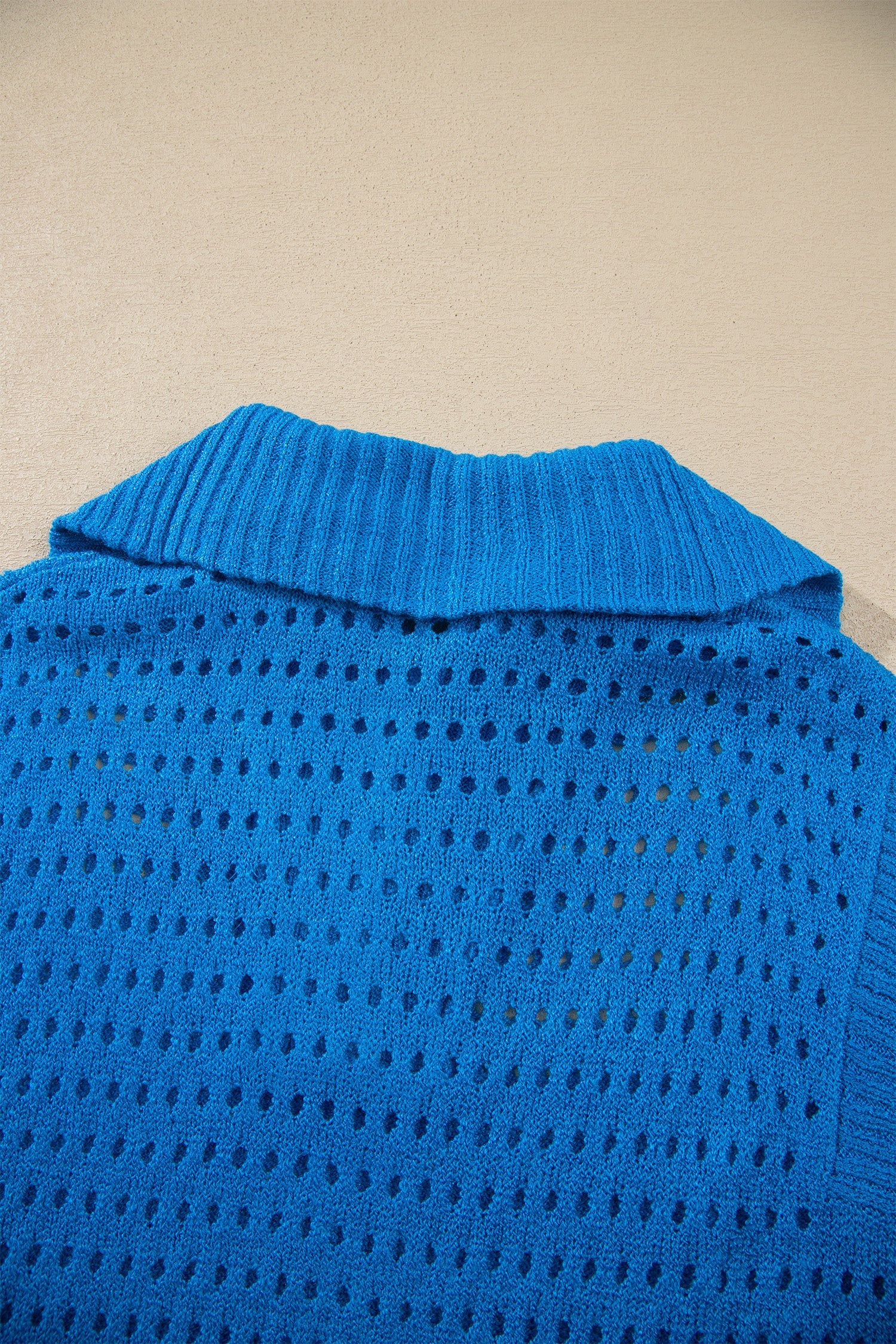 Solid Hollowed Knit Zipped Collar Short Sleeve Top