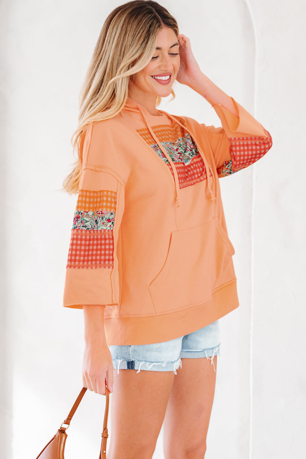 Plaid Floral Patchwork Kangaroo Pocket Hooded Top