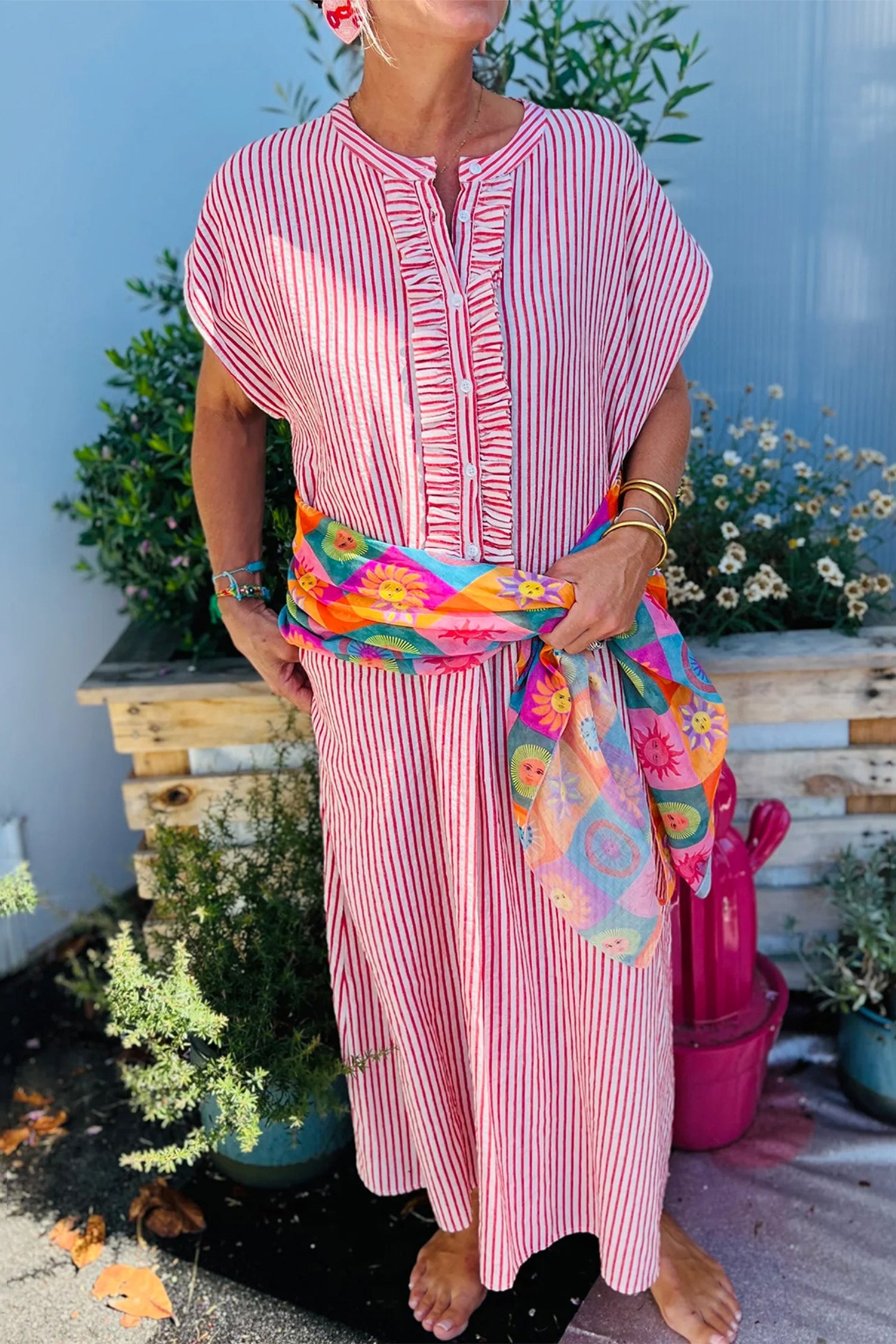 Stripe Frilled Half Buttoned Maxi Dress
