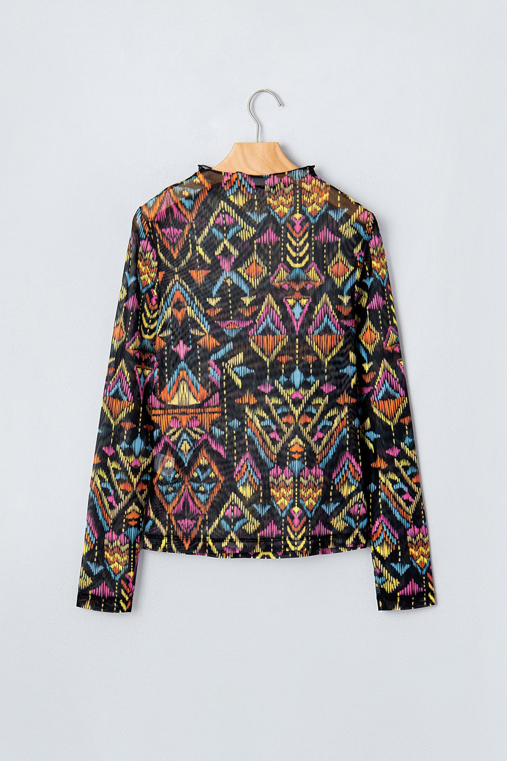 Aztec Mesh Mock Neck Long Sleeve Top