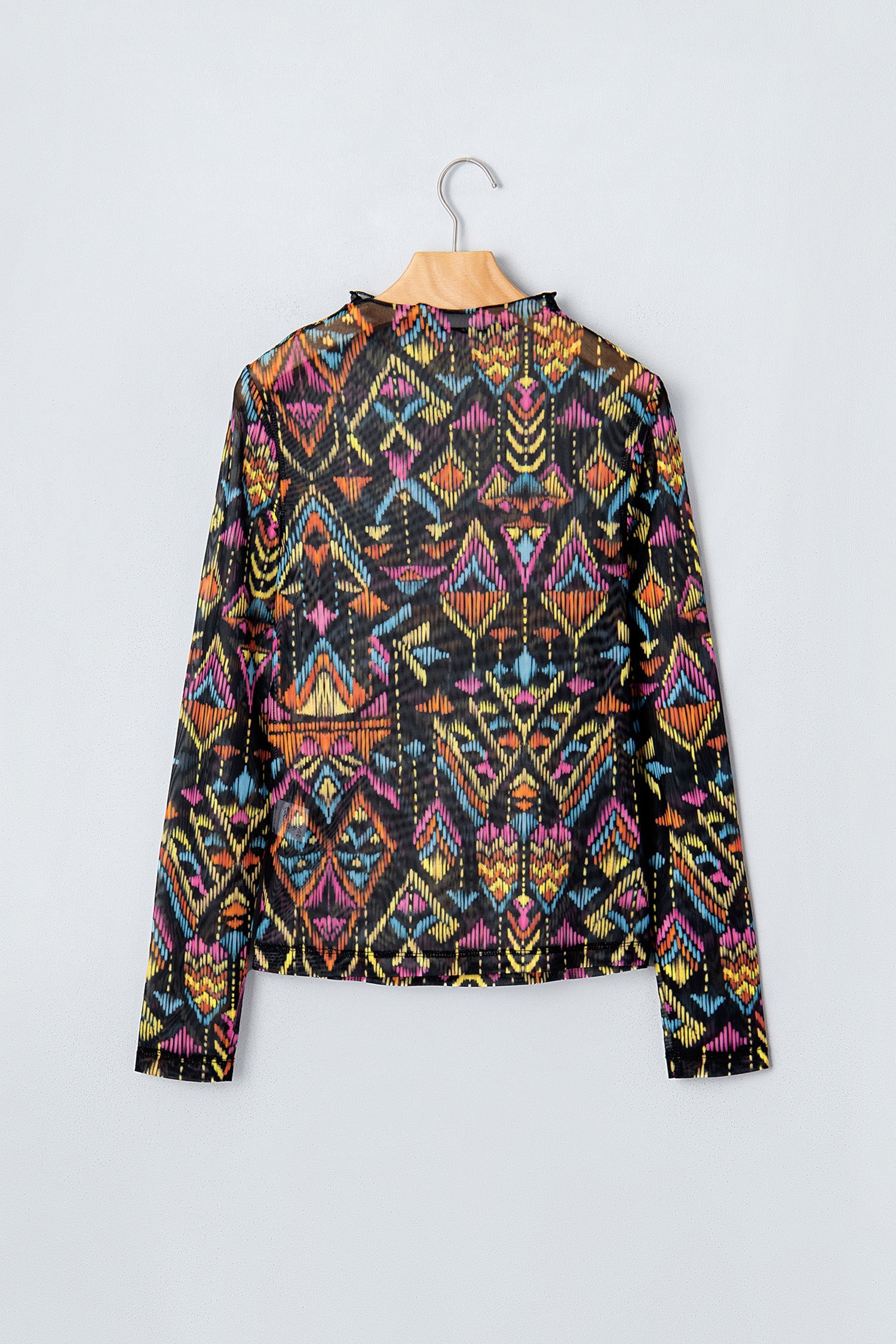 Aztec Mesh Mock Neck Long Sleeve Top