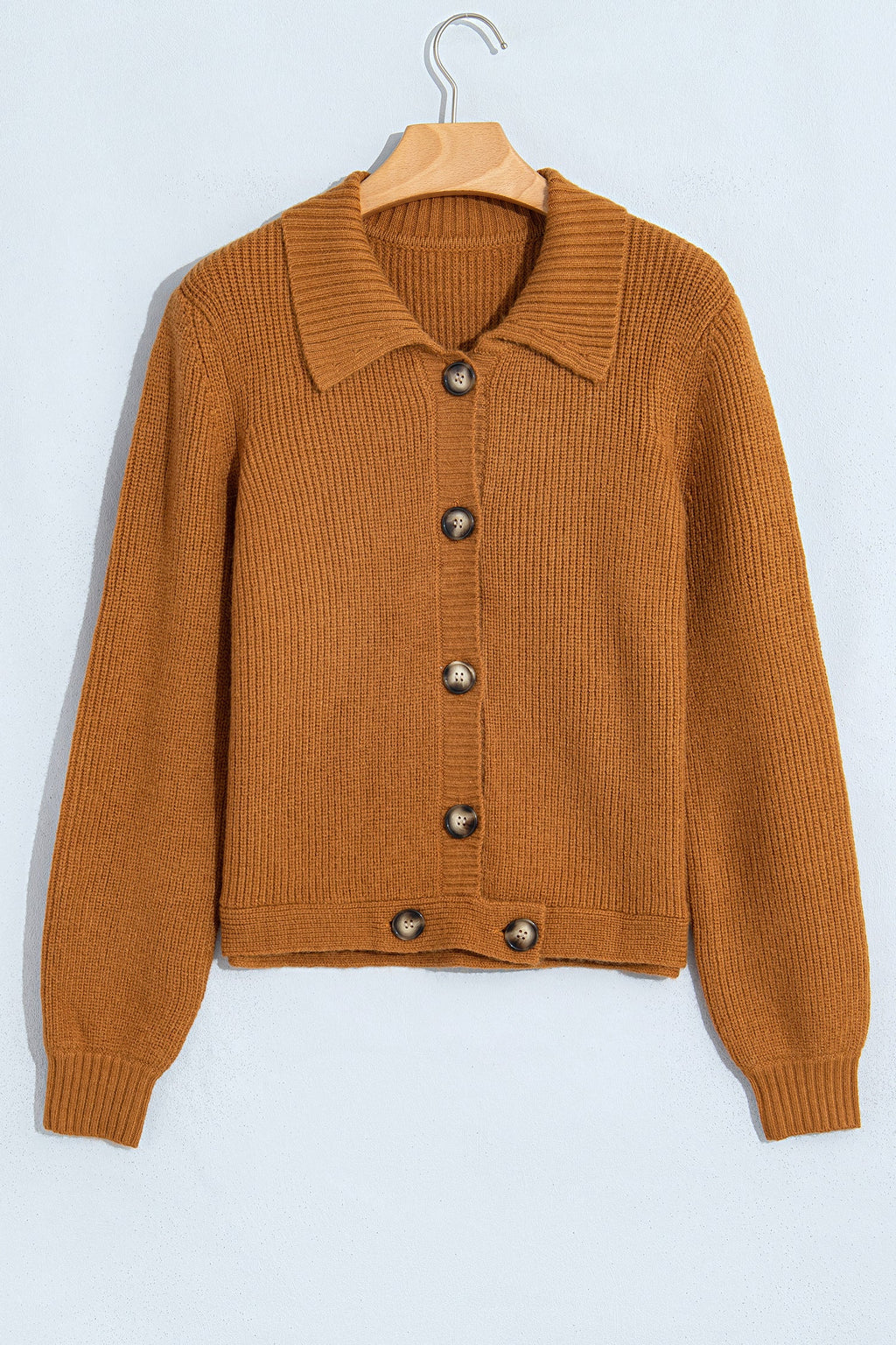 Solid Ribbed Knit Collared Button Front Cardigan