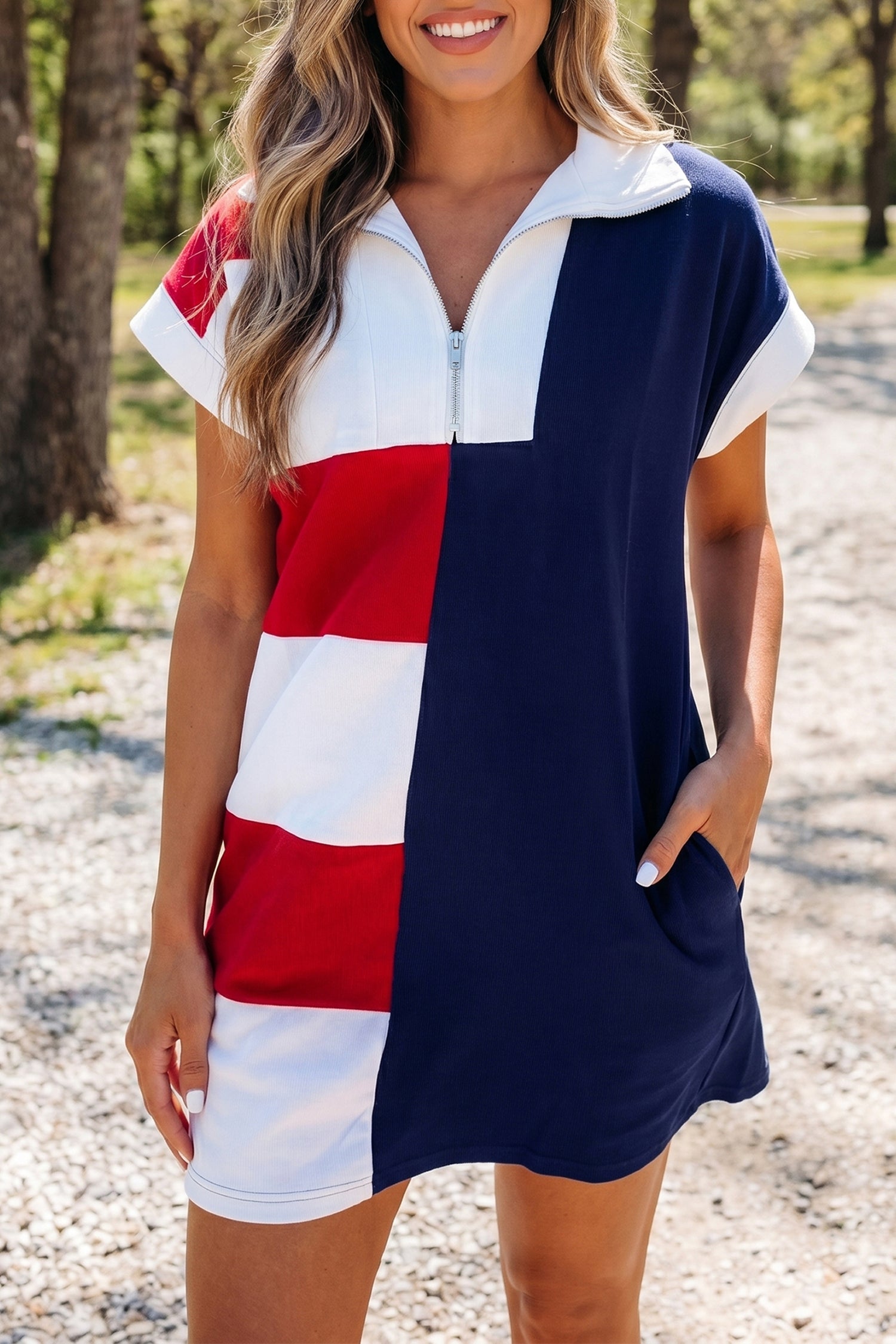 Americana Colorblock Stripe Zip Collar Mini Dress