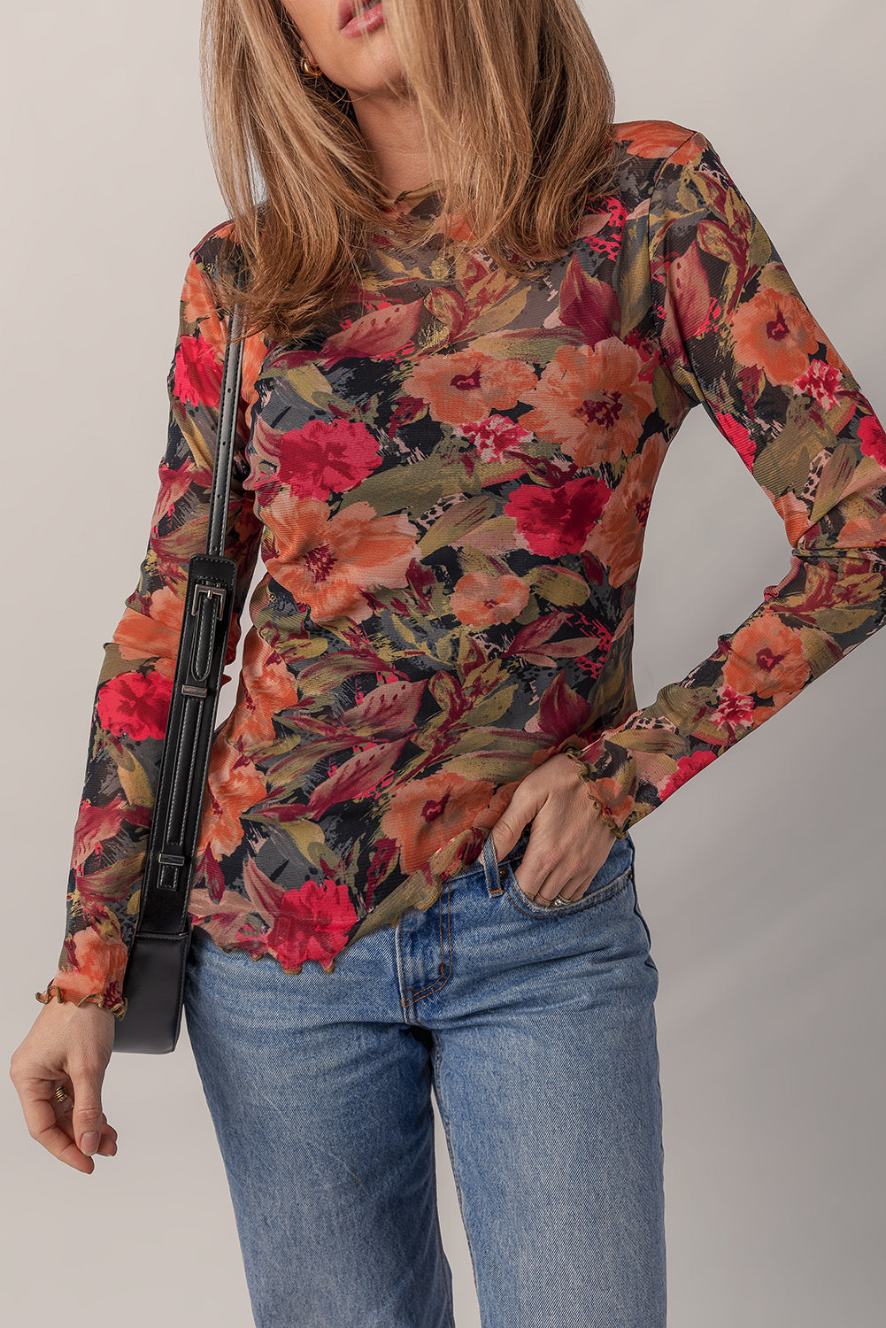 Floral Mesh Lettuce Trim Long Sleeve Top