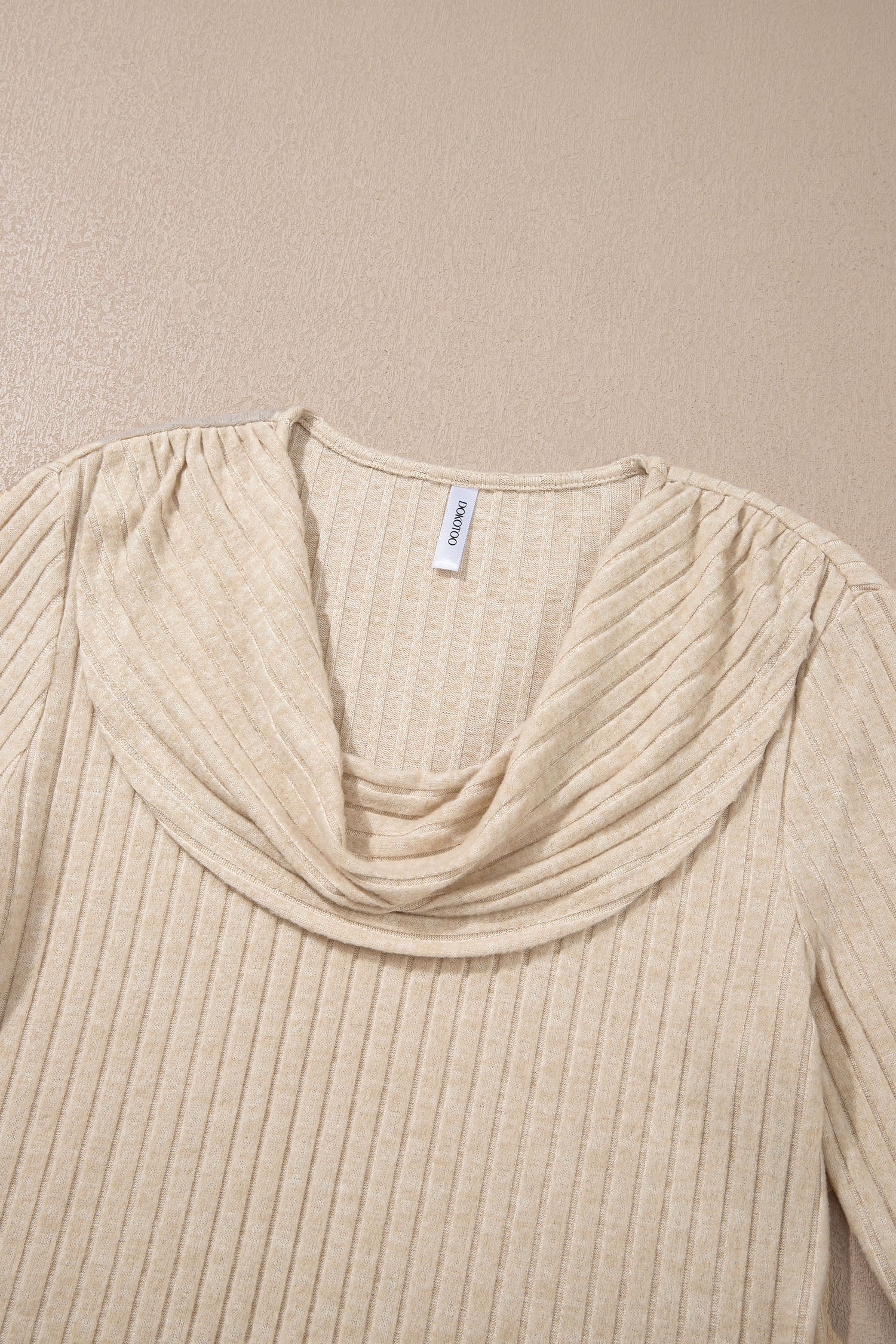 Solid Ribbed Knit Cowl Neck Long Sleeve Top