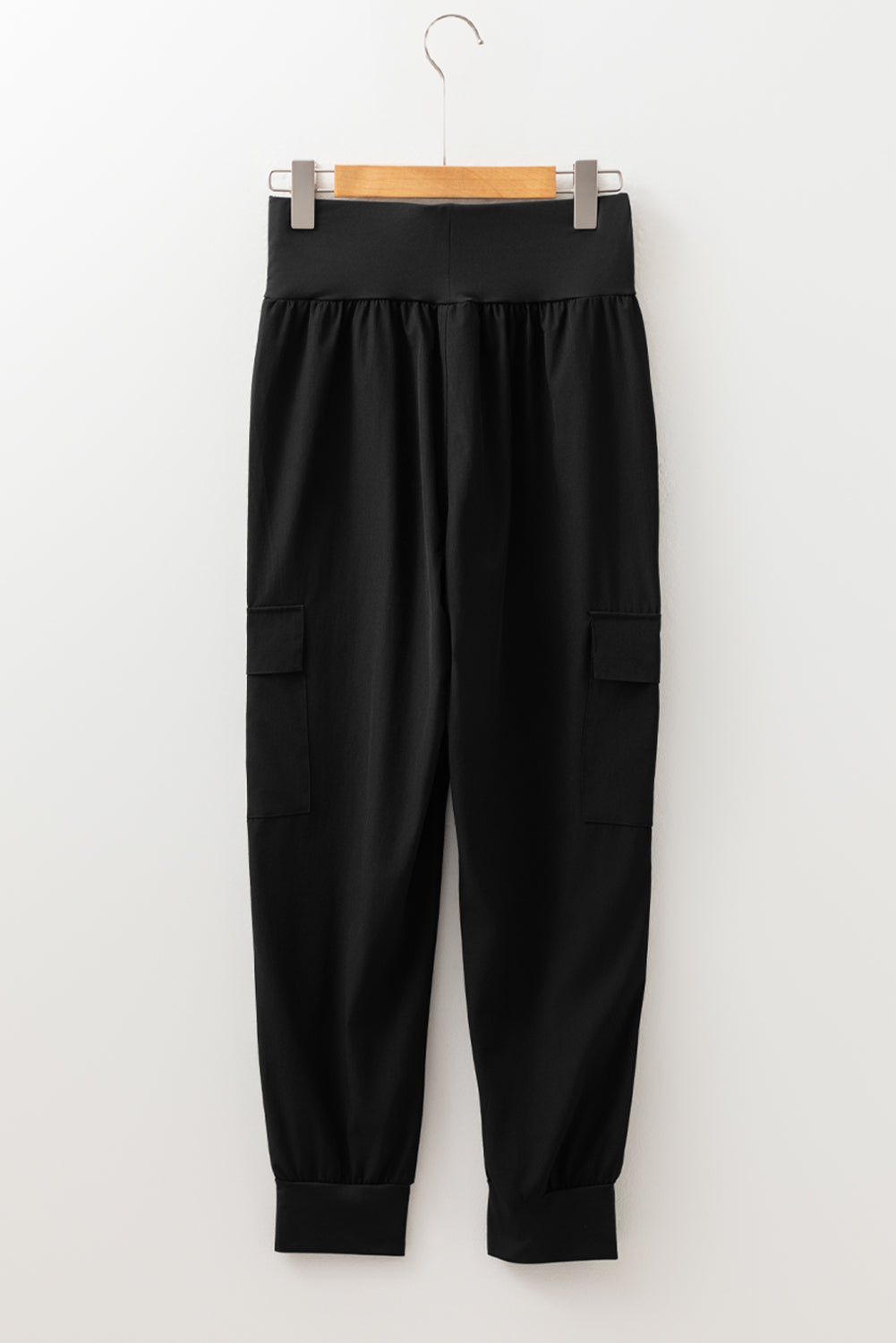 Solid Elastic High Waist Pocketed Cargo Jogger Pants