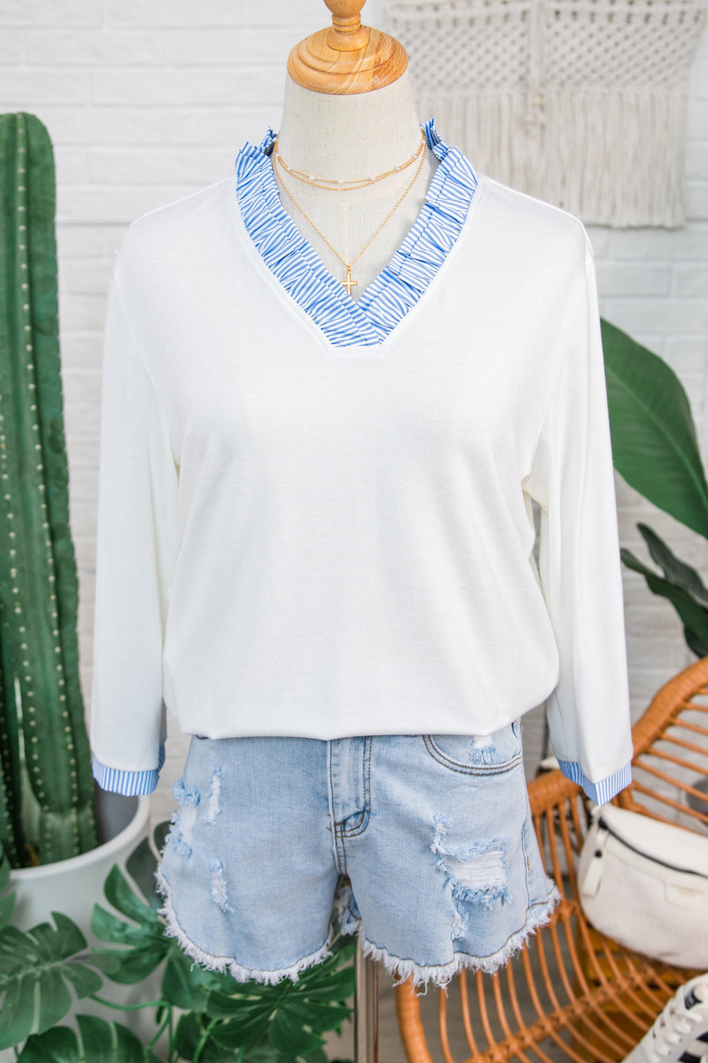 Stripe Patchwork Frilled V-Neck 3/4 Sleeve Blouse