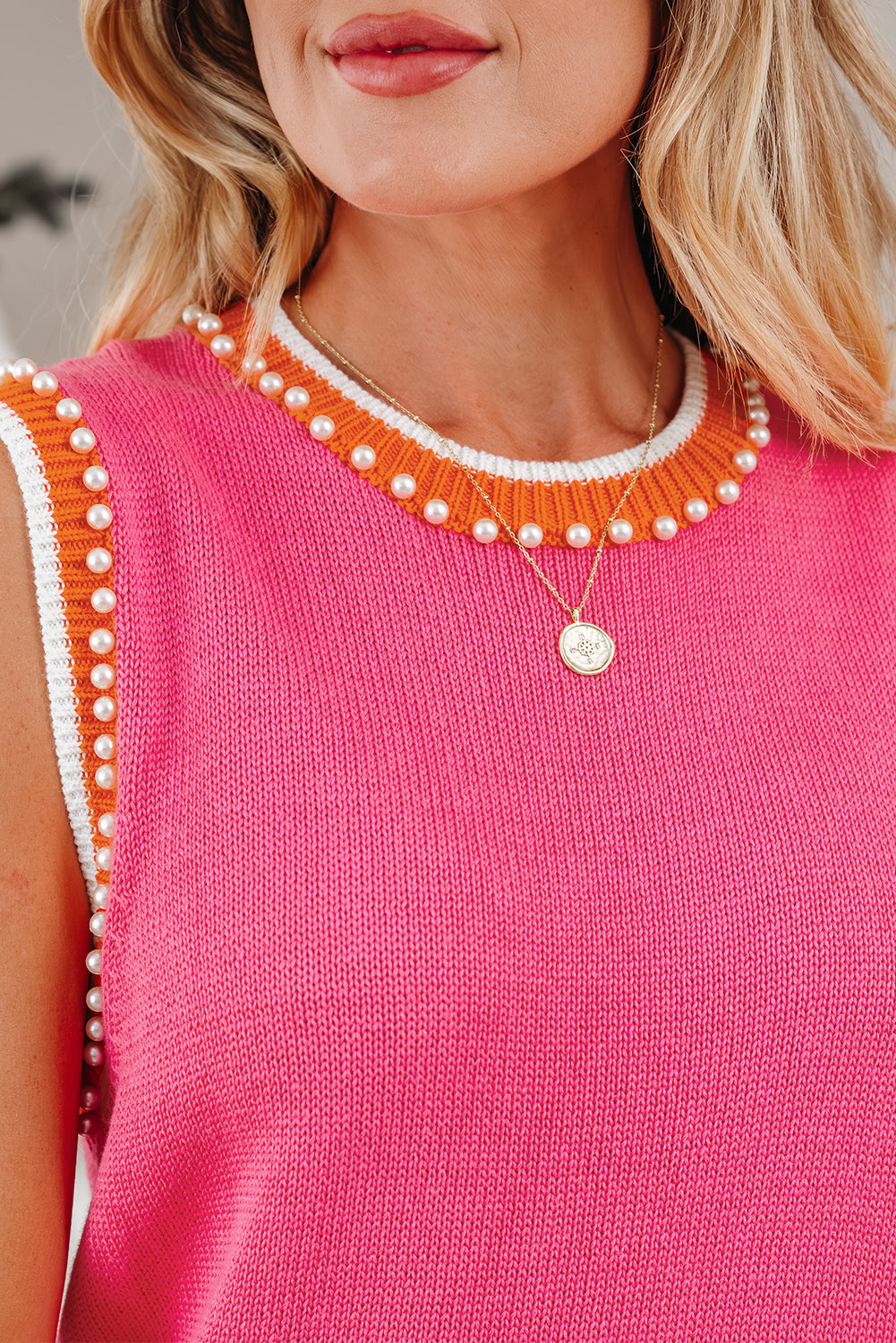 Contrast Trim Pearl Crewneck Sweater Top