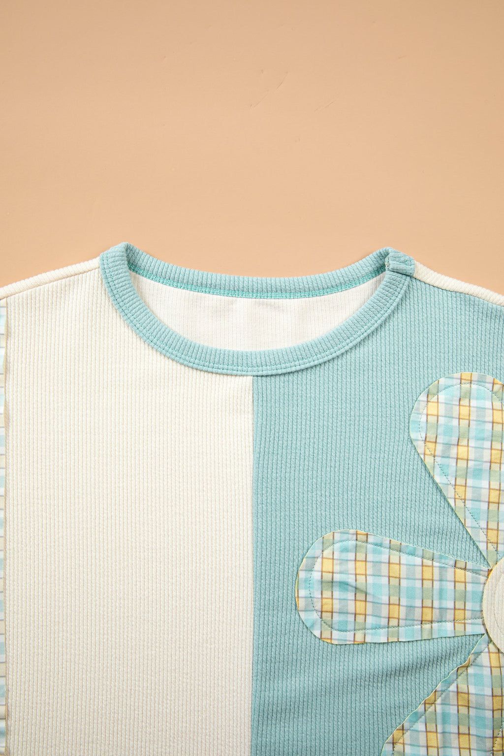 Plaid Patchwork Flower Round Neck Long Sleeve Top