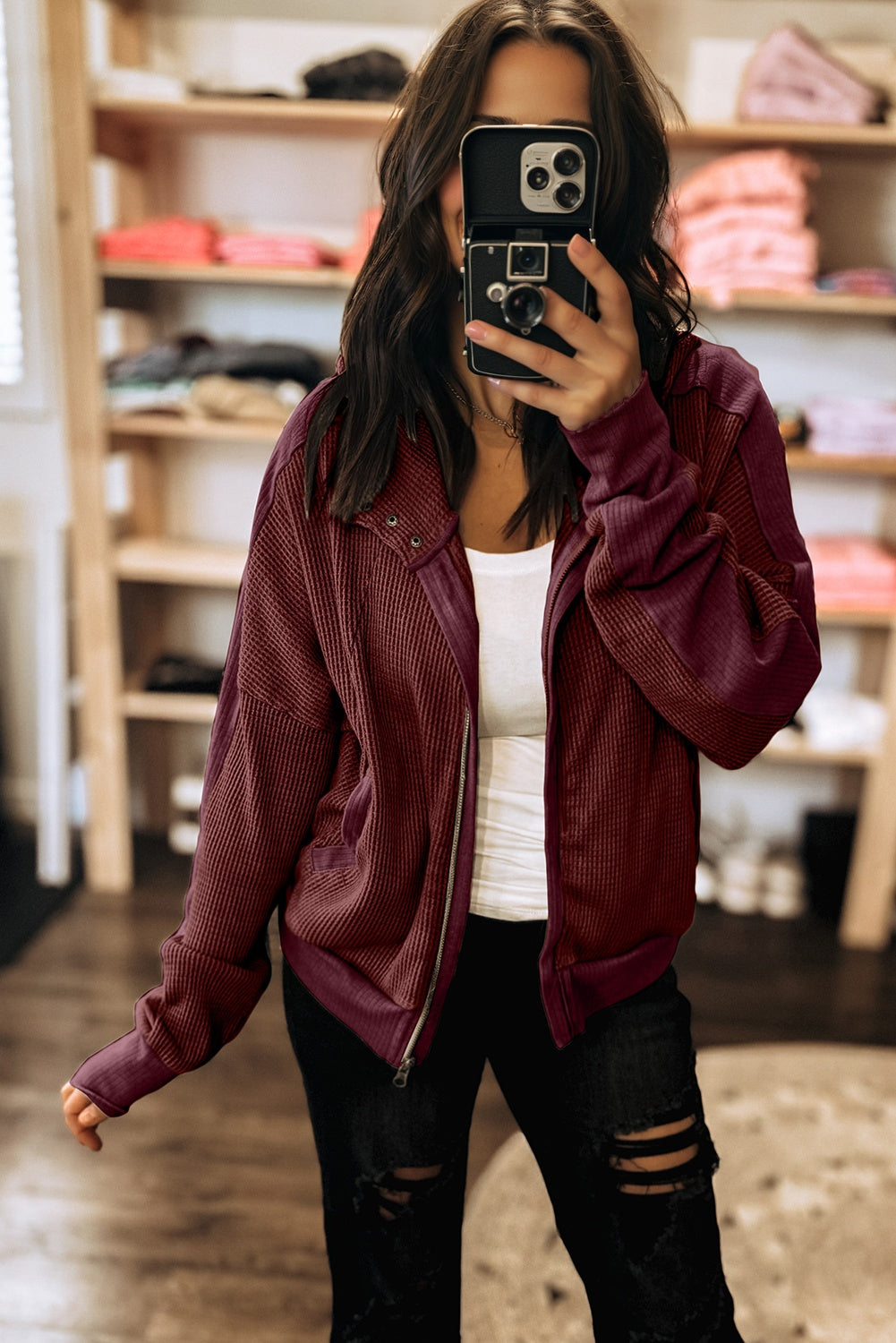 Waffle Zip Up Snap Button Hooded Jacket