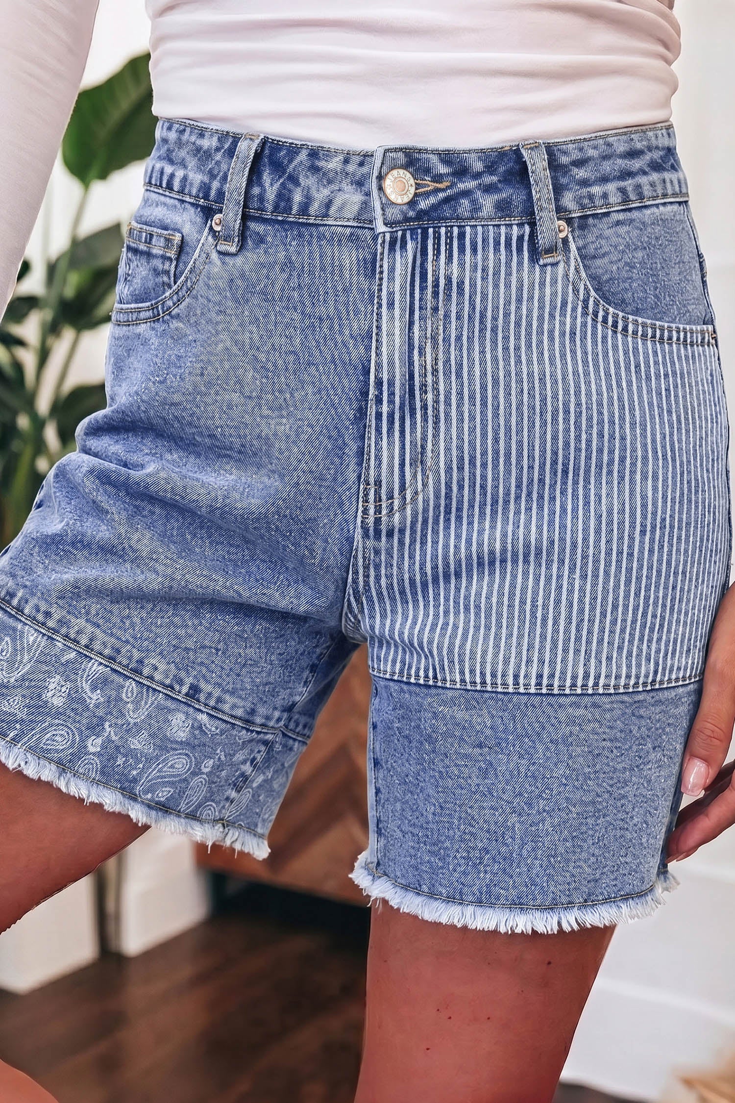 Stripe Denim Paisley Patchwork Raw Hem Shorts