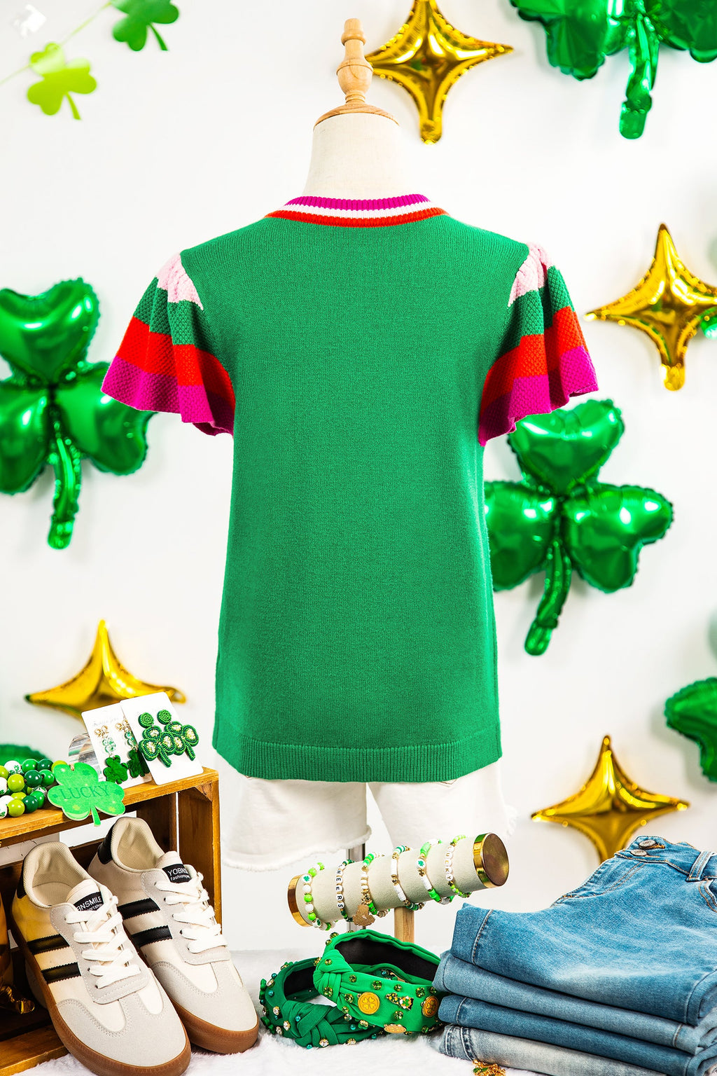 Lucky Stripe Flutter Sleeve Round Neck Sweater