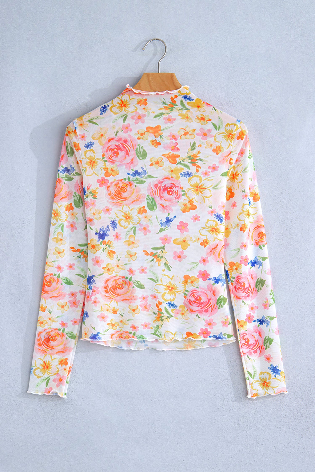 Floral Sheer Mesh Lettuce Trim Long Sleeve Top