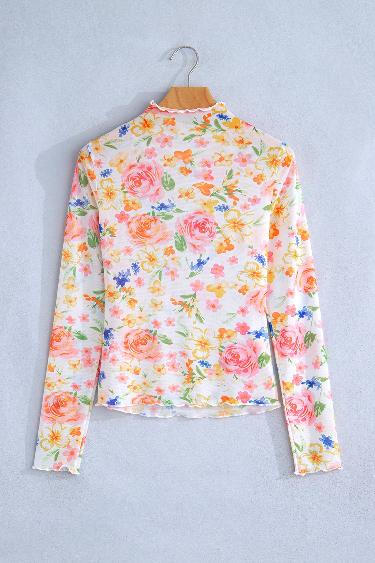 Floral Sheer Mesh Lettuce Trim Long Sleeve Top