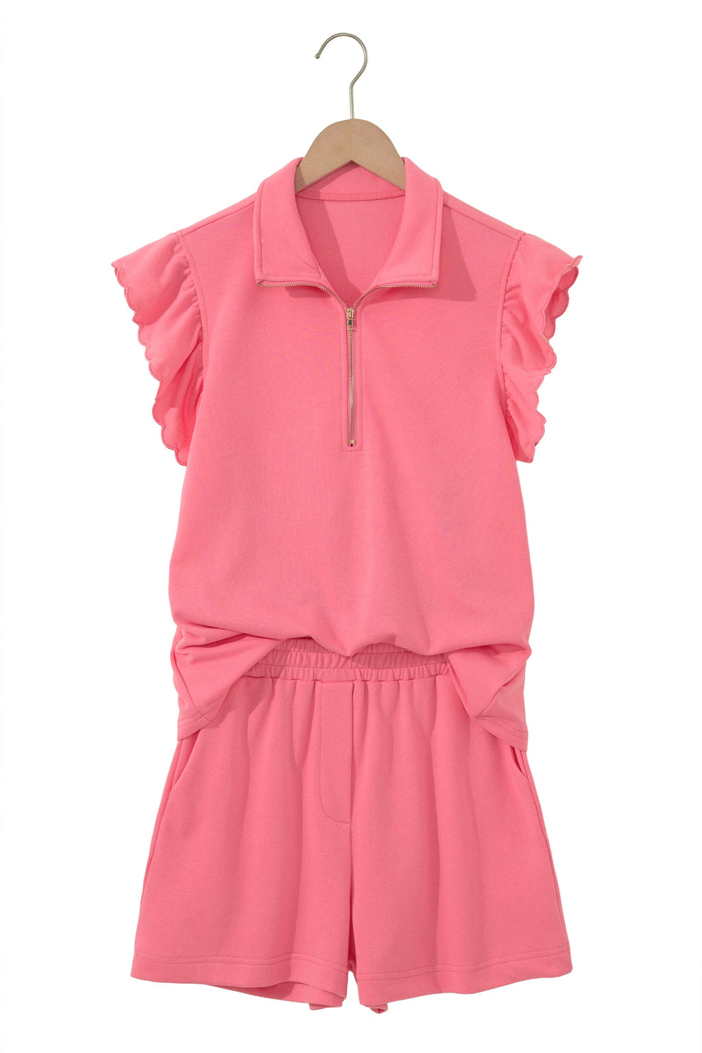 Solid Scalloped Ruffle Half Zip Top & Short Set