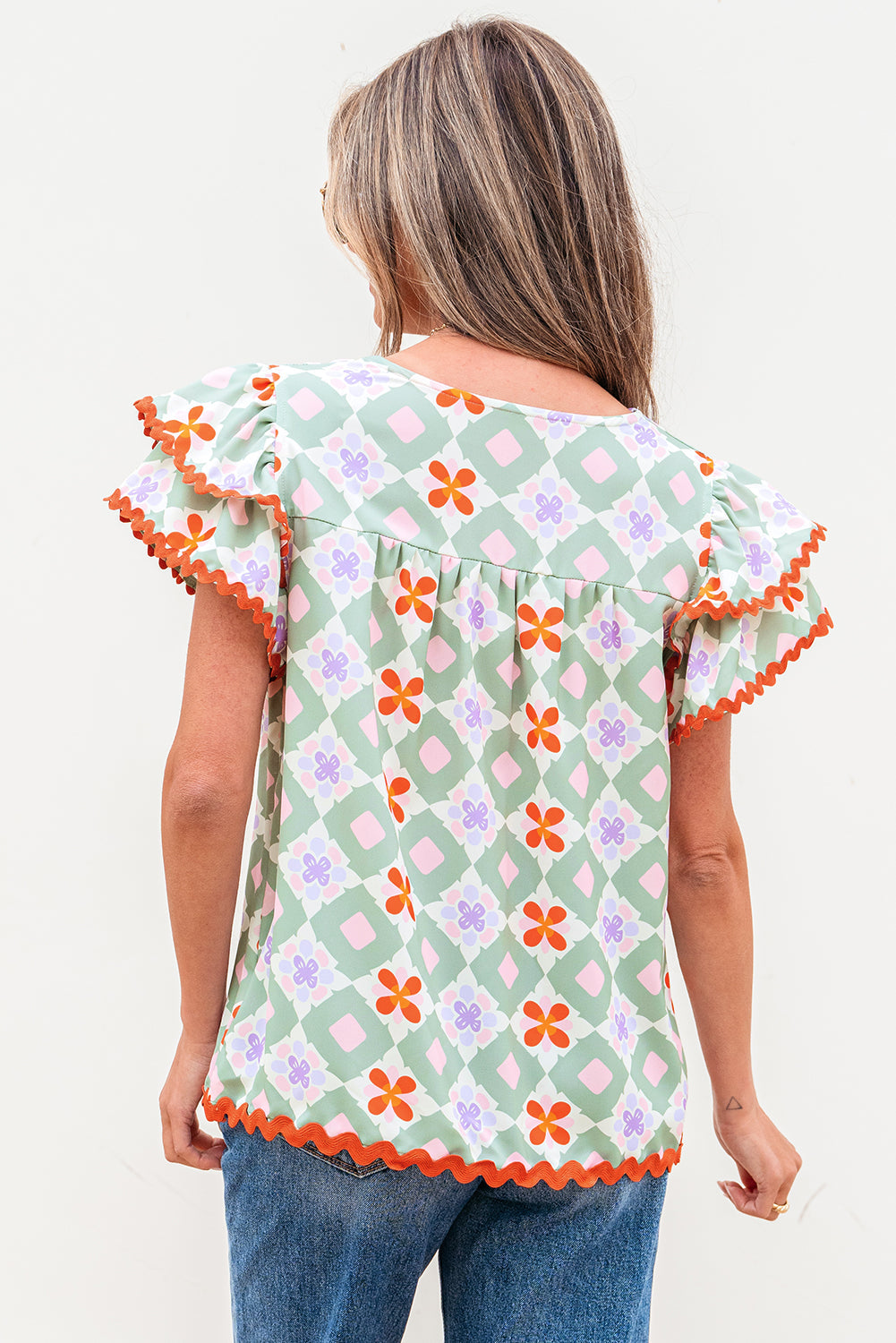 Geometric Floral V-Neck Layered Flutter Sleeve Blouse