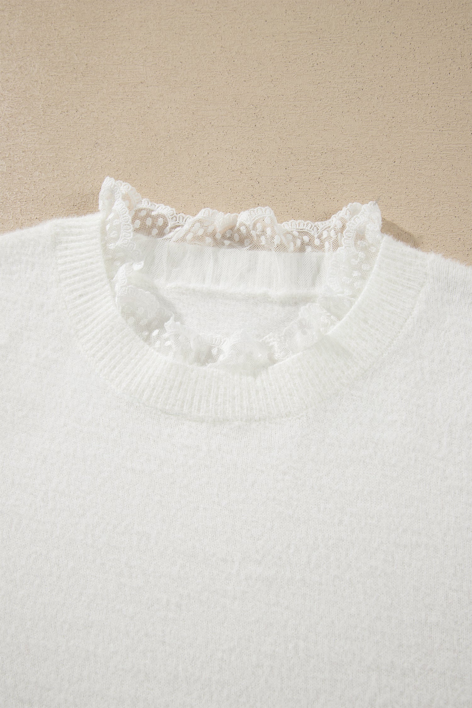 Solid Lace Trim Crewneck Long Sleeve Sweater