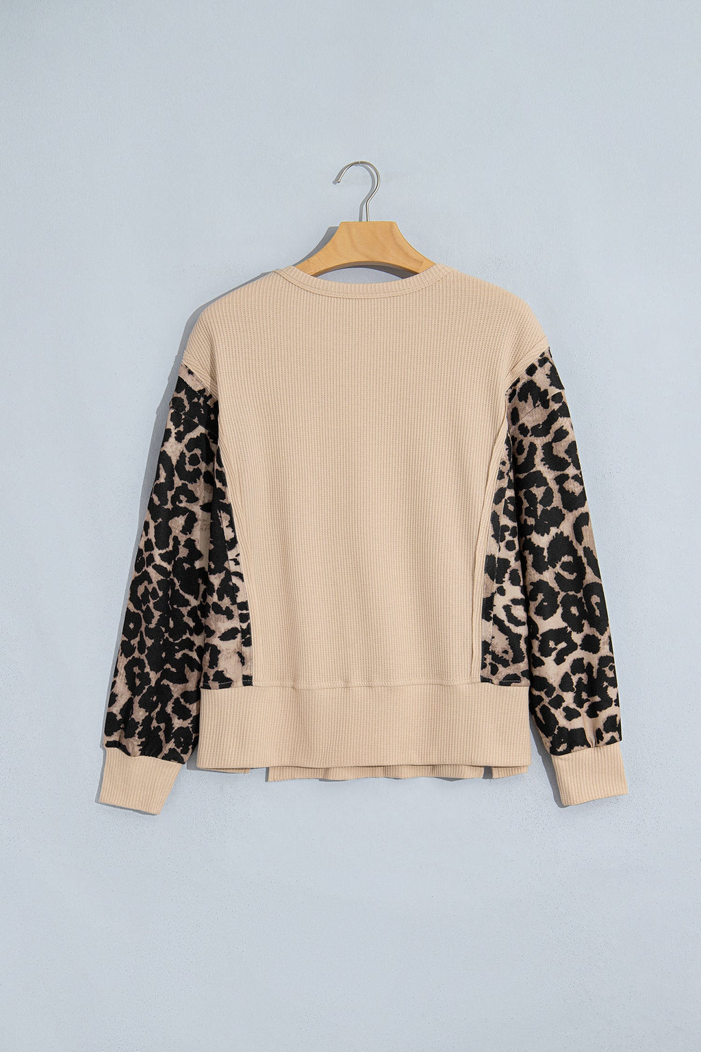 Leopard Ribbed Trim Waffle Knit Split Hem Sweater