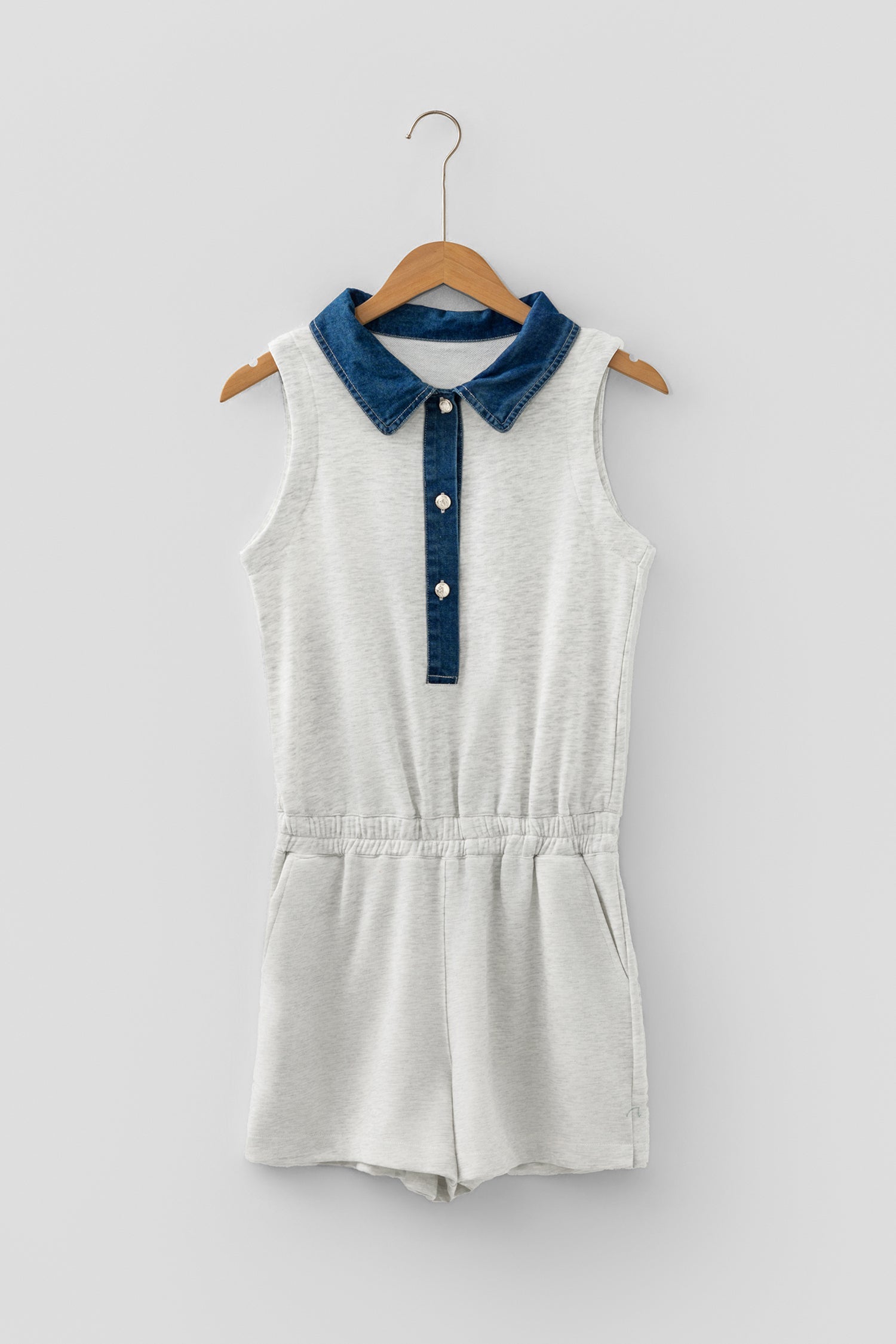 Denim Patchwork Polo Collar Sleeveless Romper