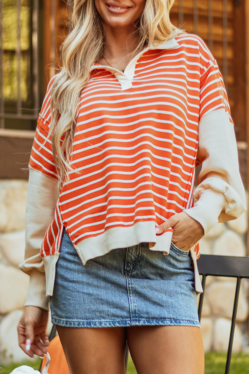 Colorblock Collared Drop Shoulder Sweatshirt