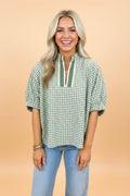Gingham Plaid Colorblock Trim Split Neck Blouse