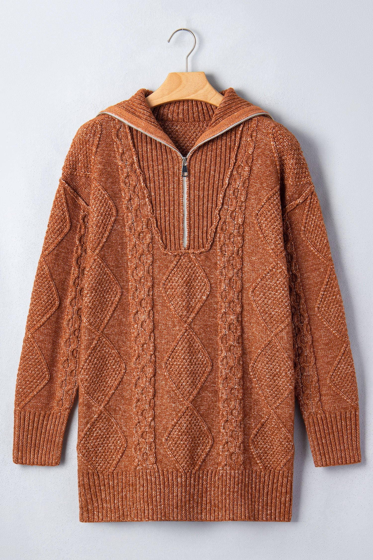Solid Cable Knit Zip-Up Collar Long Sleeve Sweater Dress