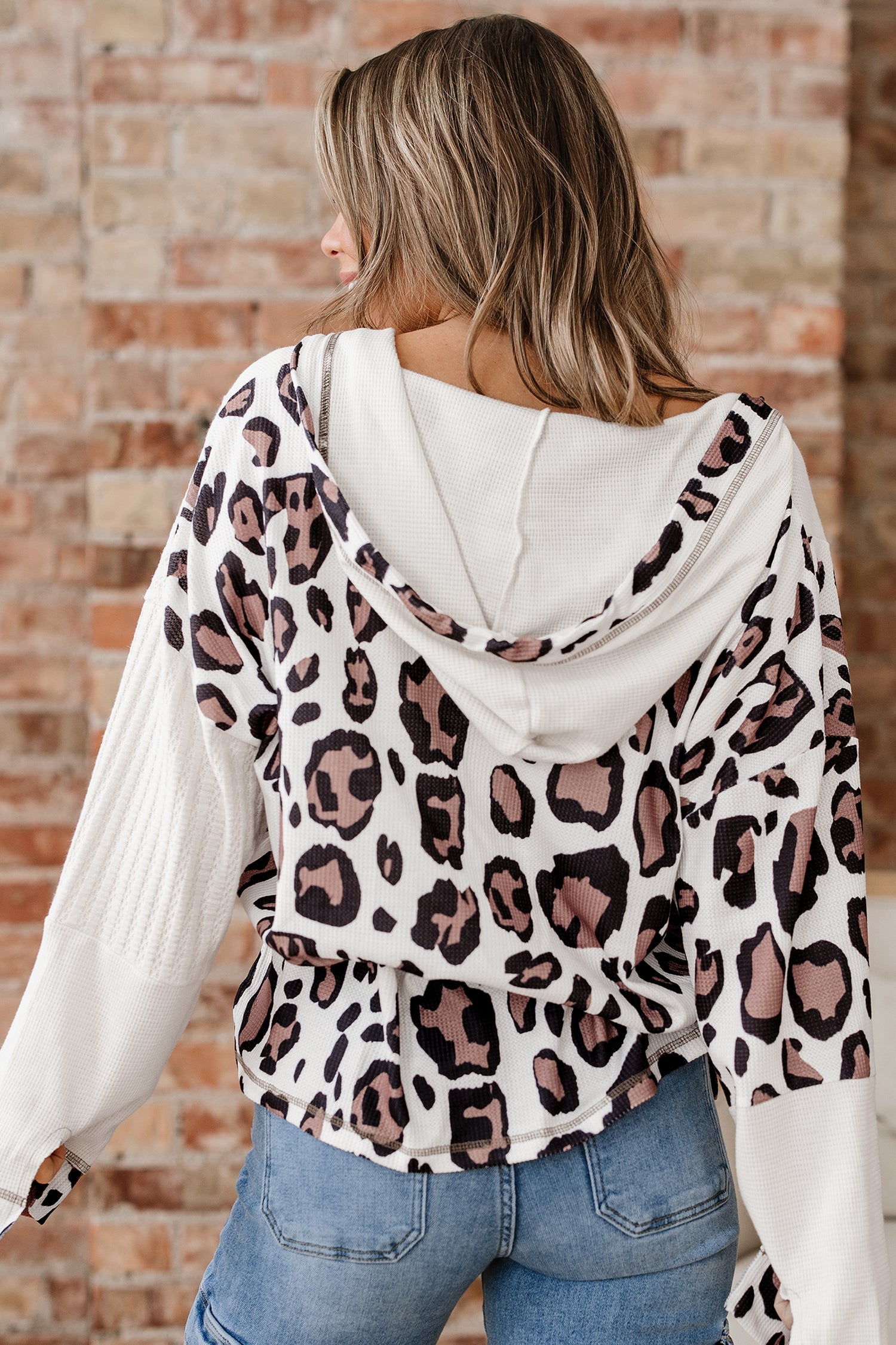 Leopard Waffle Knit Patchwork Zip Up Hoodie