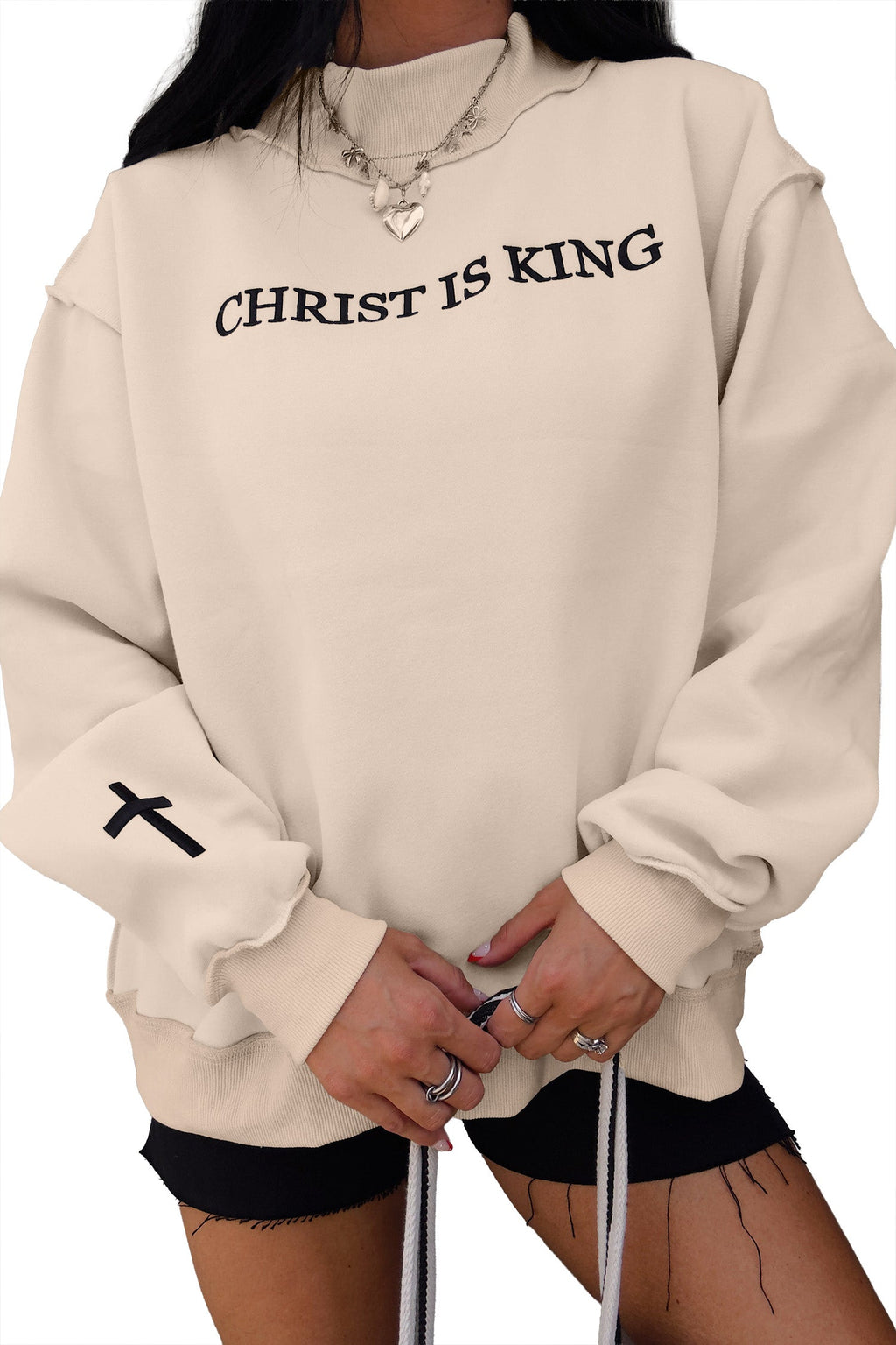 Christ Is King Cross Embroidery Exposed Seam Sweatshirt