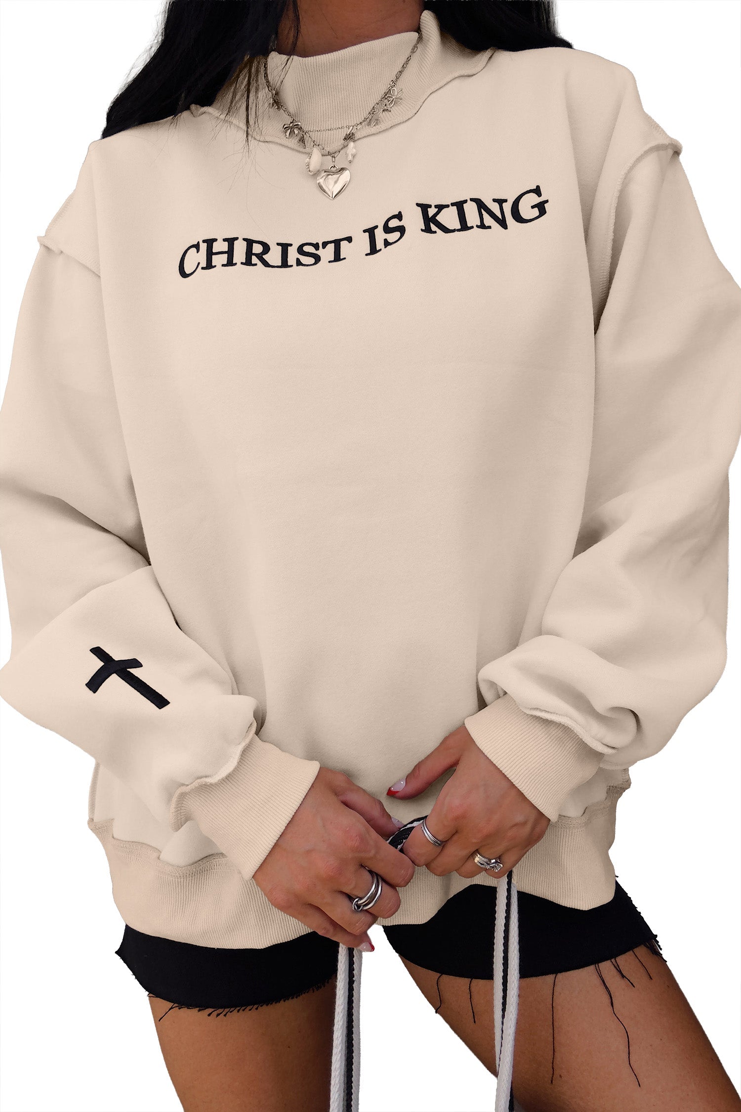 Christ Is King Cross Embroidery Exposed Seam Sweatshirt
