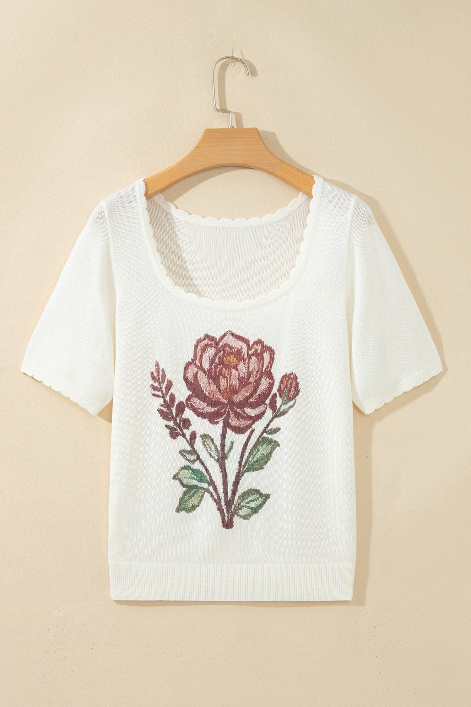 Western Floral Scalloped Square Neck Knit Top
