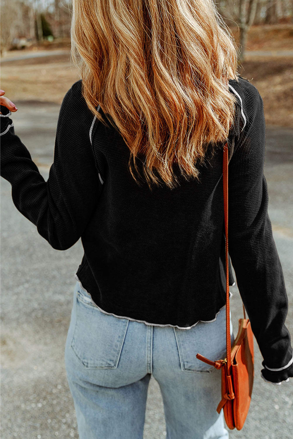 Solid Waffle Knit Round Neck Long Sleeve Top