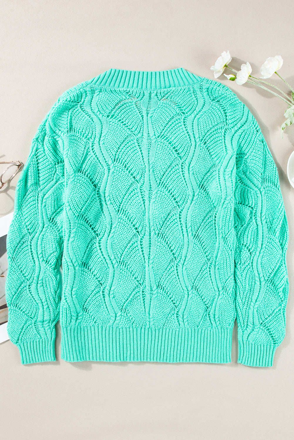 Hollow-Out Knit V-Neck Drop Shoulder Sweater