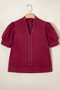 Rivet Embellished V-Neck Short Puff Sleeve Blouse