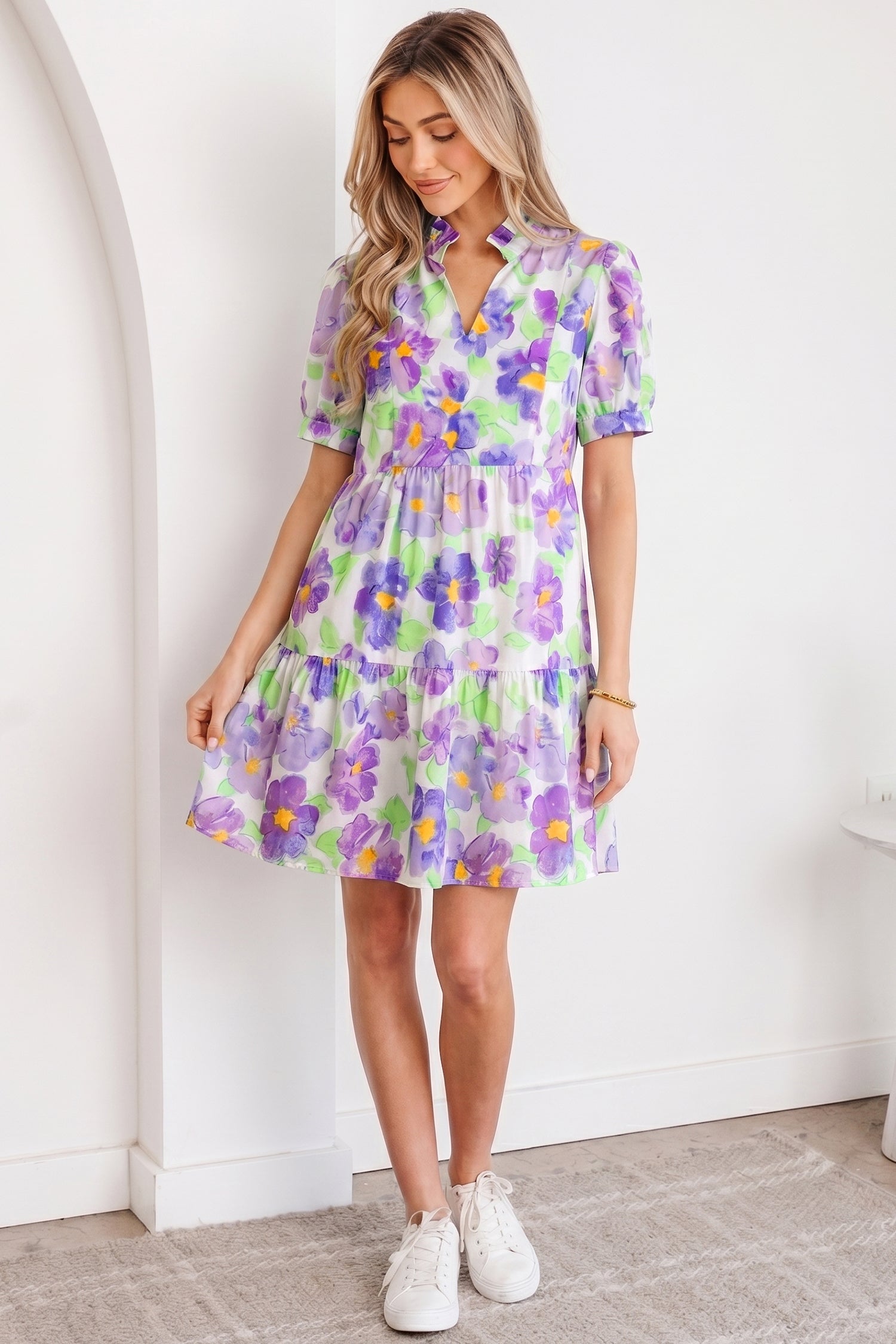 Floral Collared V-Neck Tiered Ruffle Mini Dress