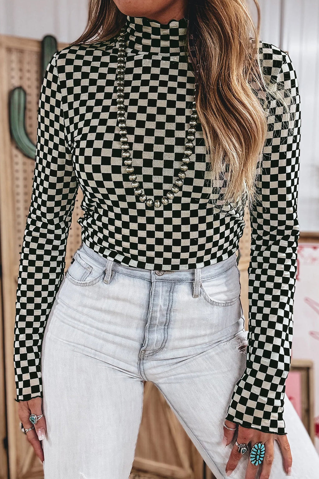 Checker Stand Neck Long Sleeve Mesh Top