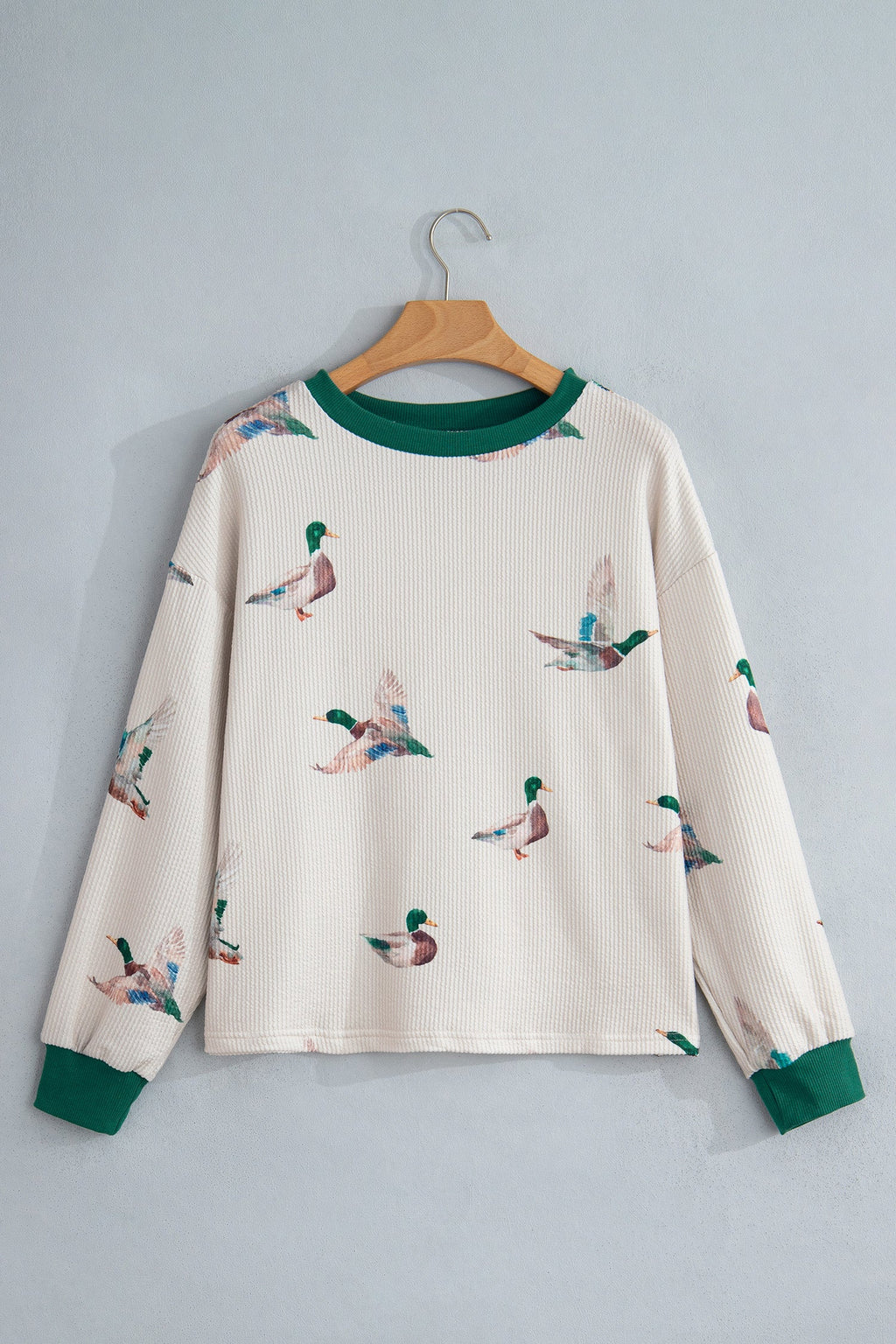 Mallard Duck Corded Knit Crew Neck Pullover Top