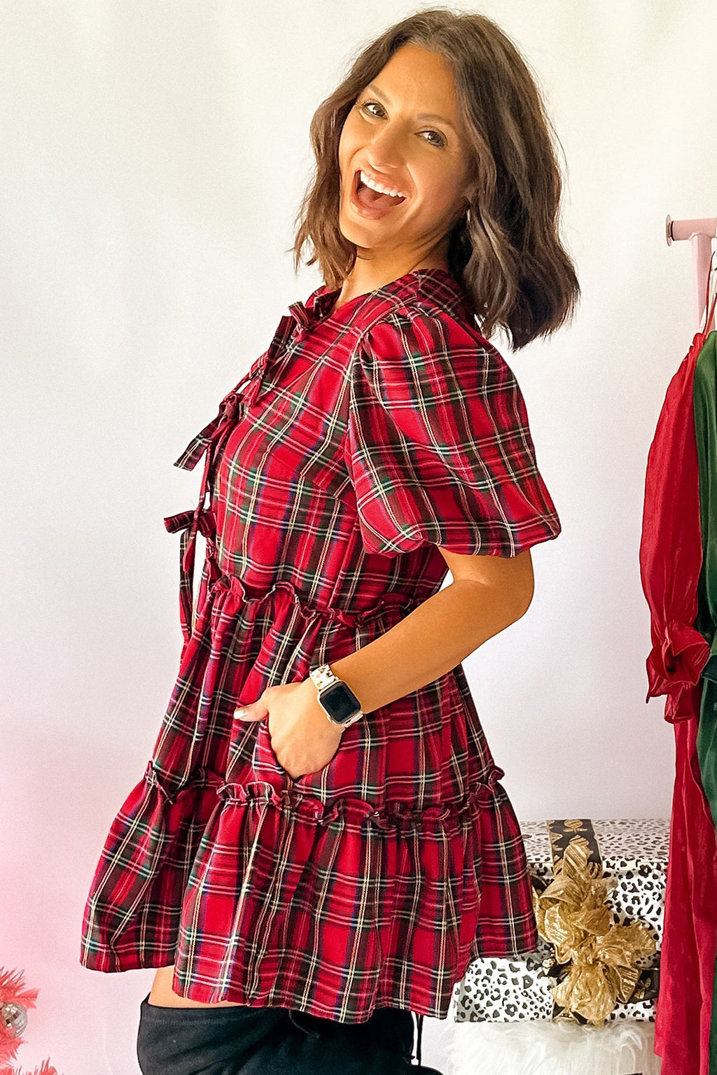 Plaid Bow Tie Neck Short Sleeve Ruffle Mini Dress